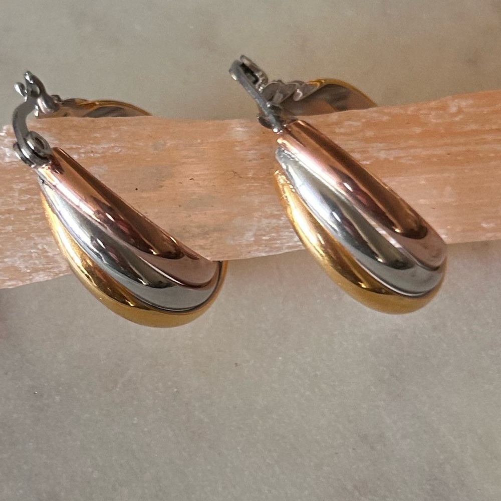 Tri-tone hoop earrings- silver, yellow gold, rose gold tone - New in package-
